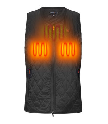 Black thermal vest with visible heating technology in the form of illuminated red heating elements on the front. Context: Shows warming functionality in cold weather.