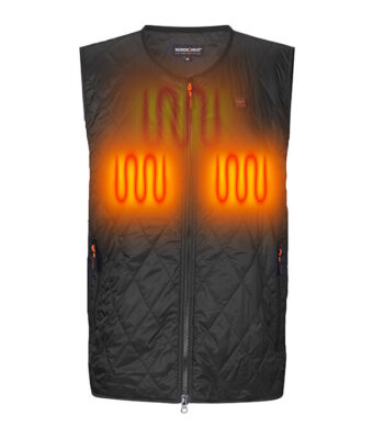 NordicHeat heating vest with illuminated heating elements located on the chest area, designed to keep the user warm. Visually highlighted heating zones show the location of the heating components.