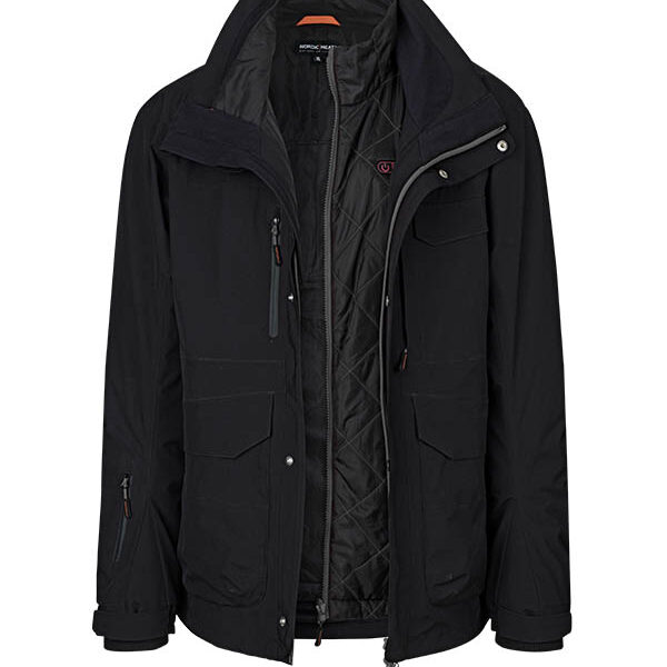 Black jacket with zipper and multiple pockets, designed for warming. Suitable for cold weather conditions. "NORDIC HEAT" visible on inner label.