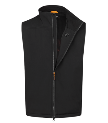 Black sleeveless jacket with zipper and visible orange detail. The design is simple and functional, intended for thermal insulation in chilly environments.