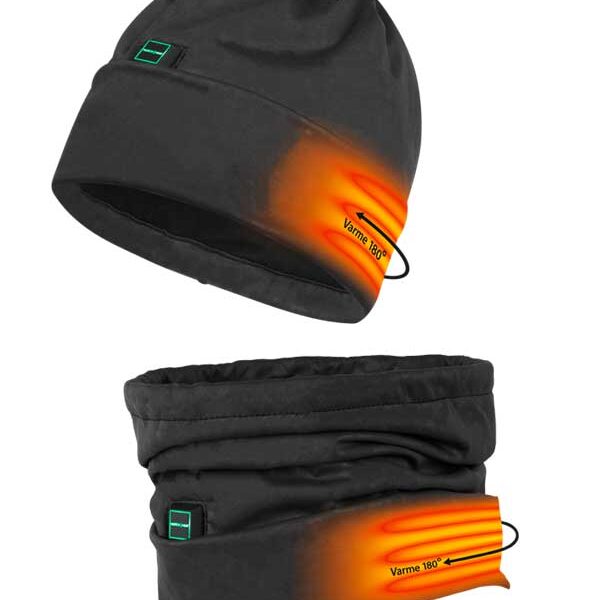 A black beanie and neck warmer from NordicHeat with heating elements that heat up to 180 degrees. Visible text: "Heating 180°".