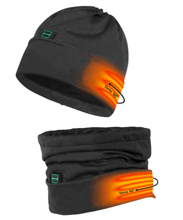 A black beanie and neck warmer from NordicHeat with heating elements that heat up to 180 degrees. Visible text: "Heating 180°".