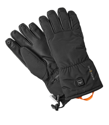 NordicHeat heated gloves in black material with adjustable straps and a visible control panel. Suitable for outdoor winter use.