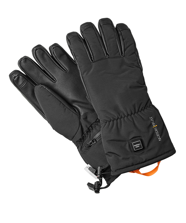NordicHeat heated gloves in black material with adjustable straps and a visible control panel. Suitable for outdoor winter use.