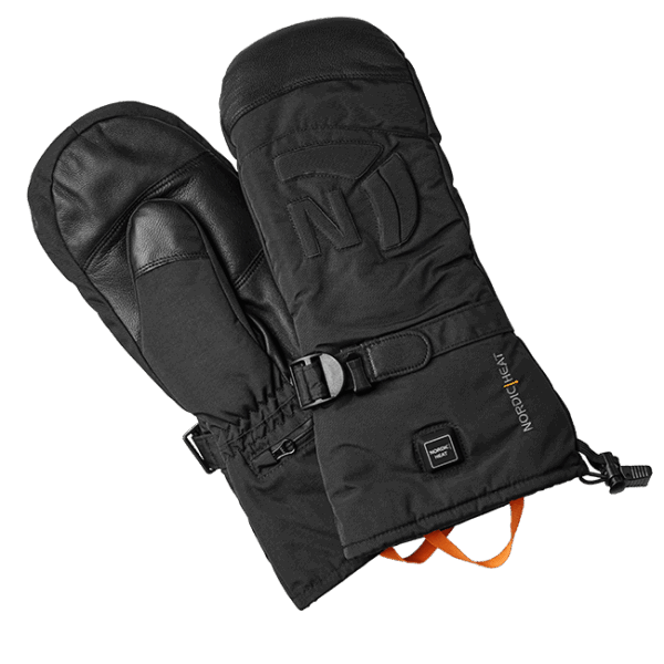 NordicHeat heating gloves in black material with adjustable strap and visible logo. The design includes a heating element indicated by a button with light.