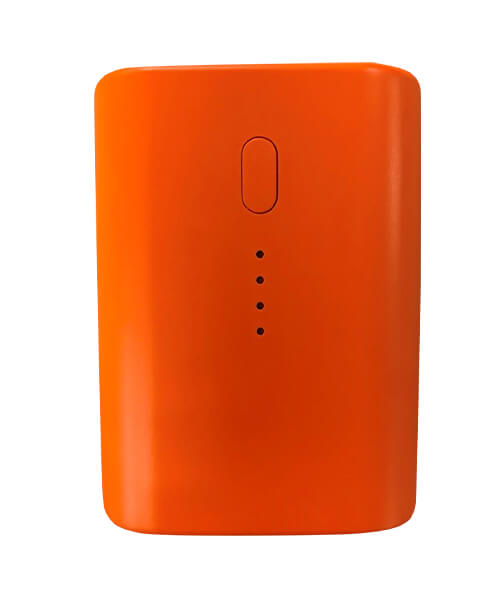 Orange portable battery pack with four light indicators and an on/off button. Used for heating warm clothes in cool environments.