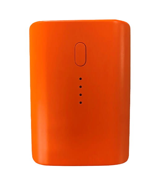 Orange battery pack with one button and four LED lights.
