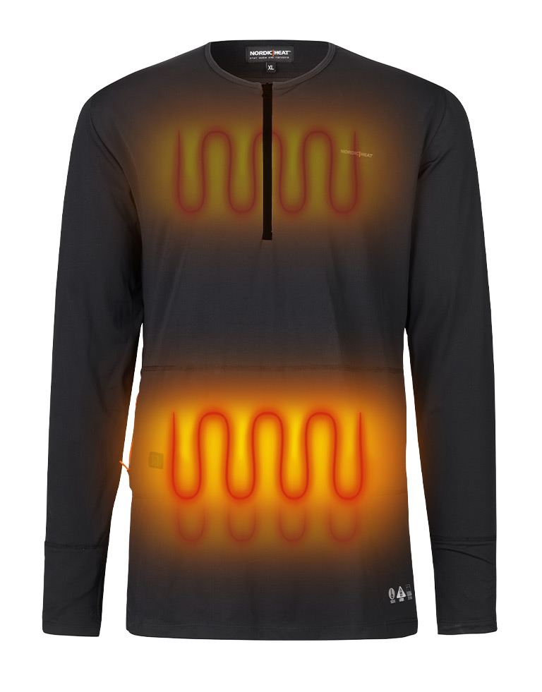 Long-sleeved sweater with built-in heating elements placed on the chest and waist, labeled "NordicHeat". The sweater is black with a zipper at the neck and stated size XL.