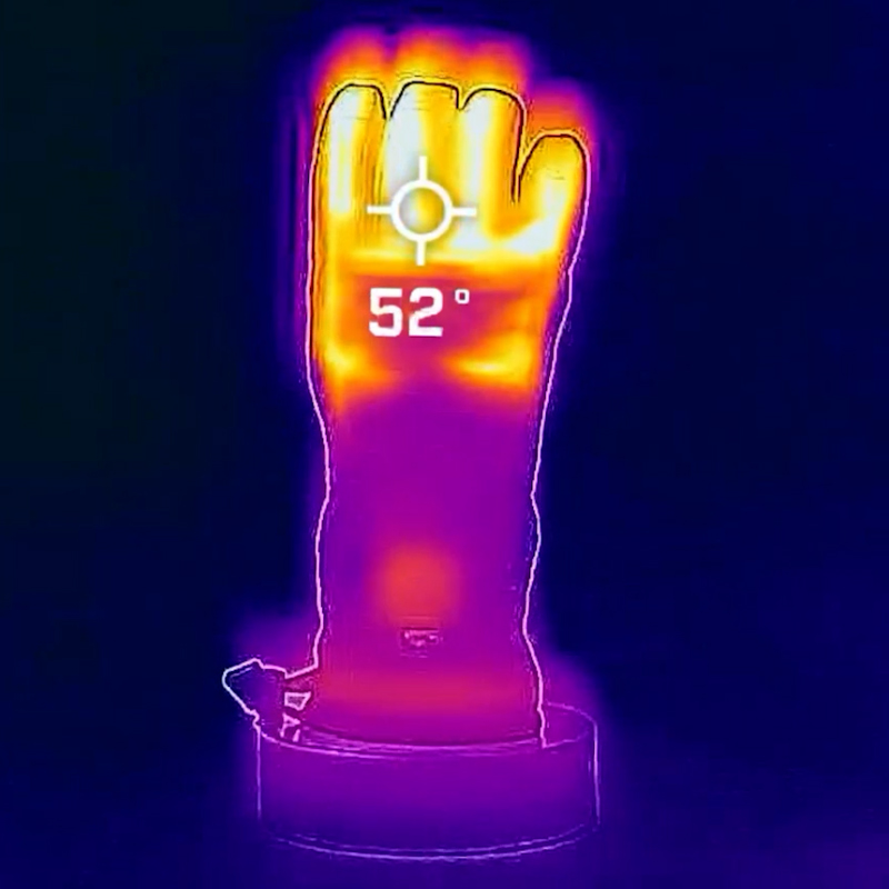 Thermal image of a hand container shows a temperature of 52 degrees, indicating heat radiation from the thermal garment.