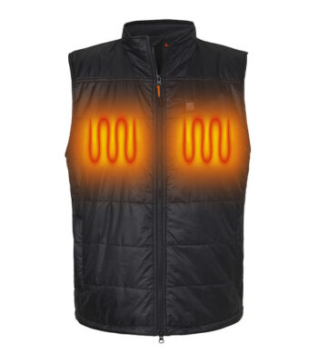 Black vest with built-in heating elements marked in red and orange, designed to keep the wearer warm.