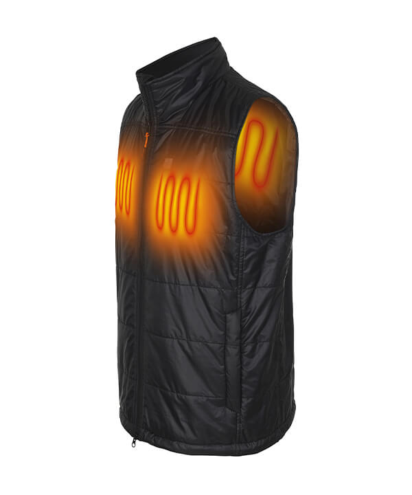 Black vest with built-in heating zones, marked with red lines and orange glow indicating heating of chest and shoulder areas.