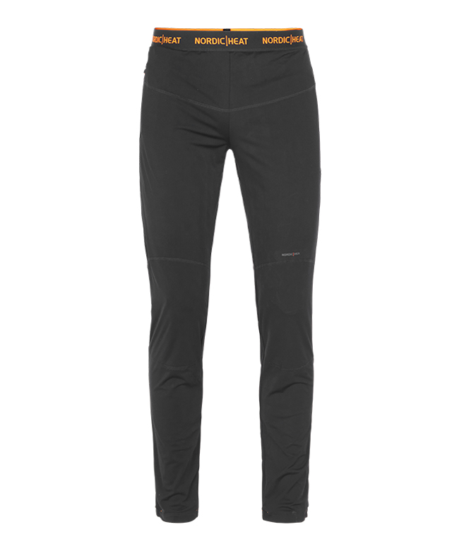 Black thermal clothing with NordicHeat logo on the waistband, designed in a trouser shape. Suitable for cold environments, with a focus on functionality and comfort.