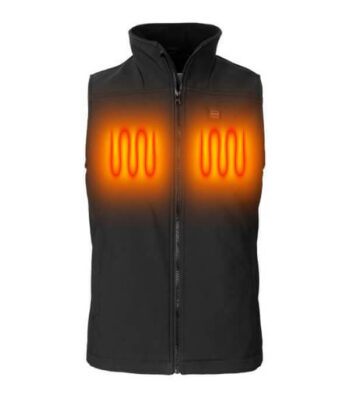 Black vest with built-in heating function, illustrated by orange markings on the chest area indicating heating zones. The vest is closed with a front zipper. No visible text.