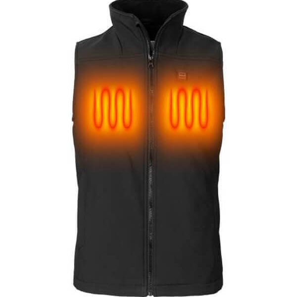 Black vest with built-in heating function, illustrated by orange markings on the chest area indicating heating zones. The vest is closed with a front zipper. No visible text.