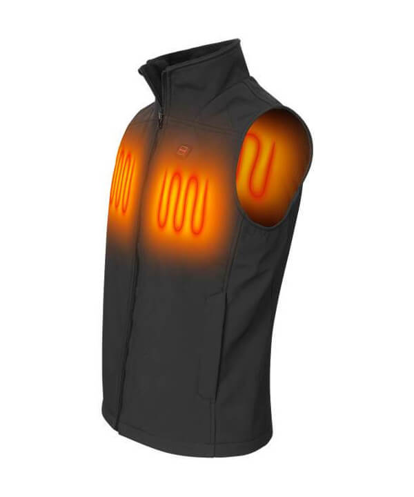 NordicHeat heating vest with visible heating elements in the front and on the side, demonstrating the electric heating system.