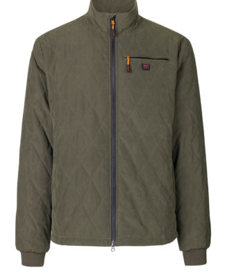 An olive green lined jacket with zipper and chest pocket, designed for heating, is shown against a white background.
