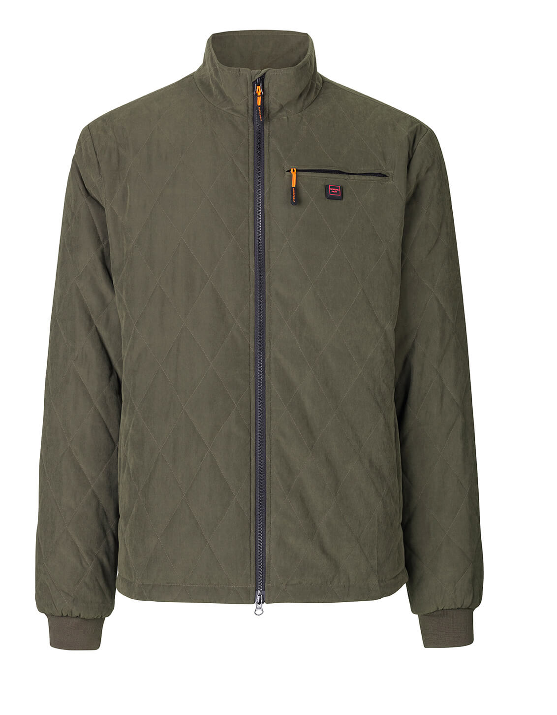 An olive green lined jacket with zipper and chest pocket, designed for heating, is shown against a white background.