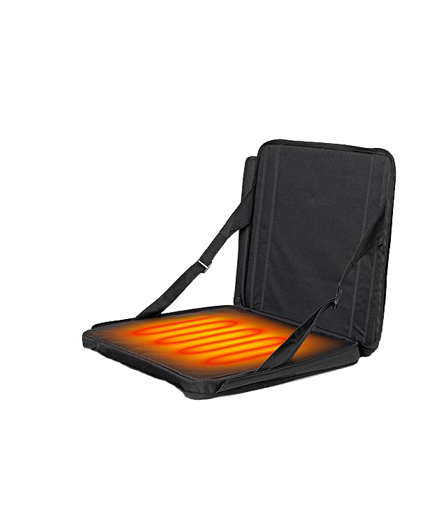 A black flip-up heating seat with orange heating element radiating outwards, carried by straps, set against a white background.