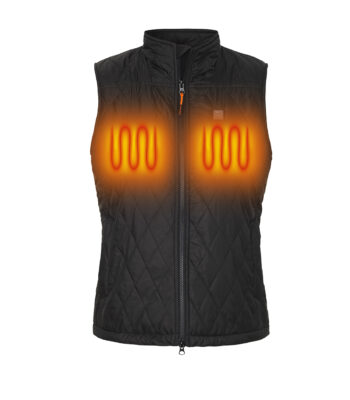A black quilted vest with built-in heating elements highlighted in orange, designed to keep the body warm.