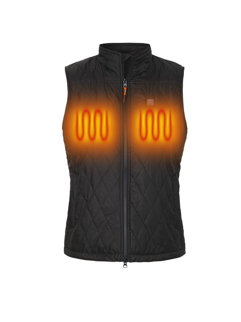 A black quilted vest with built-in heating elements highlighted in orange, designed to keep the body warm.