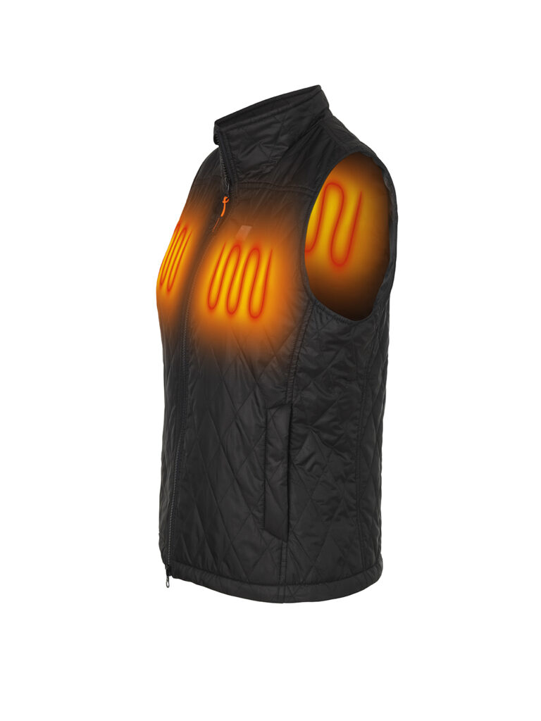 NordicHeat warmwear, a black vest with built-in heating elements, is highlighted through red heating zones located at the chest and shoulders.