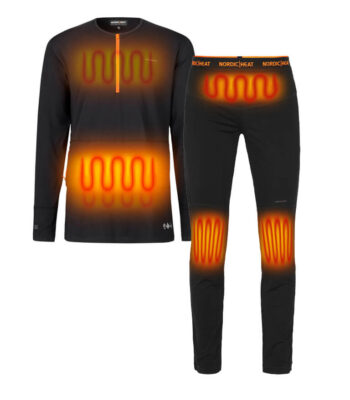 Black heating kit from NordicHeat with heated zones shown in red, designed for active use in cold climates; "NORDIC HEAT" logo on waistband.