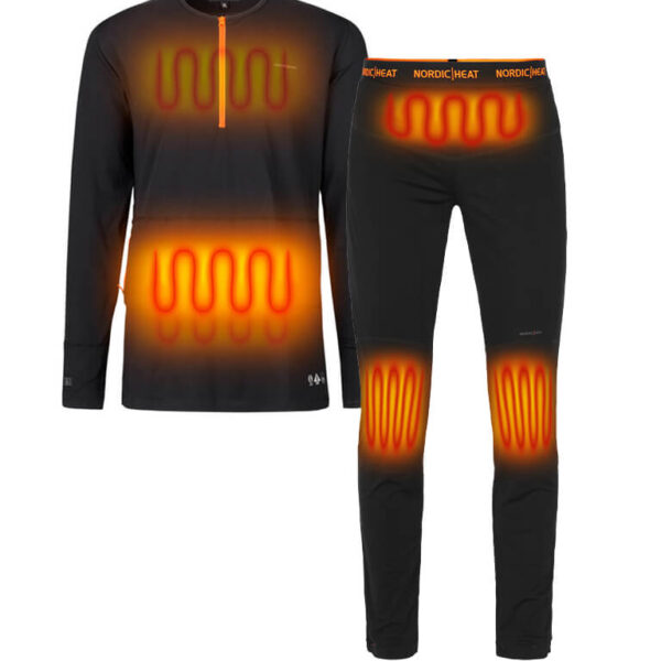 Black heating kit from NordicHeat with heated zones shown in red, designed for active use in cold climates; "NORDIC HEAT" logo on waistband.