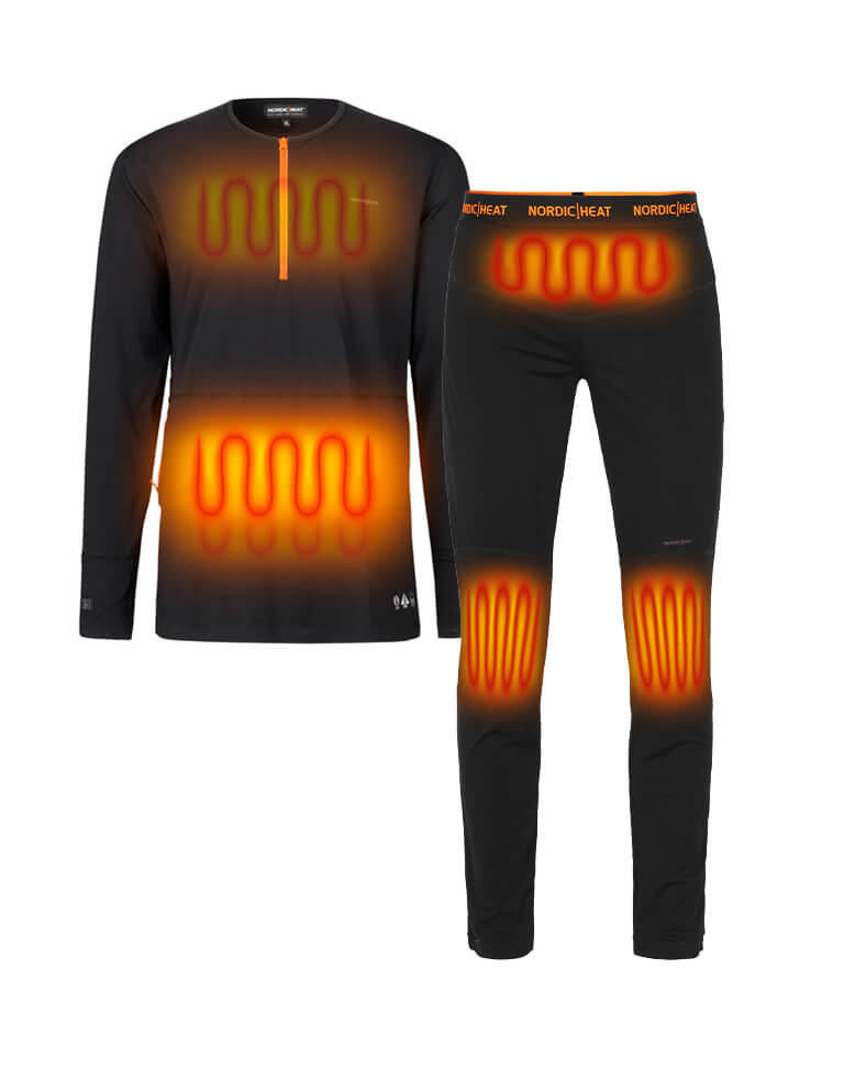 Black heating kit from NordicHeat with heated zones shown in red, designed for active use in cold climates; "NORDIC HEAT" logo on waistband.