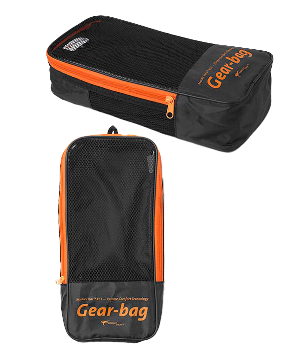 Black bag with orange zipper and text "Gear-bag" and "Nordic Heat XCT - Xtreme Comfort Technology" on the front. The bag is flat and has a mesh panel.
