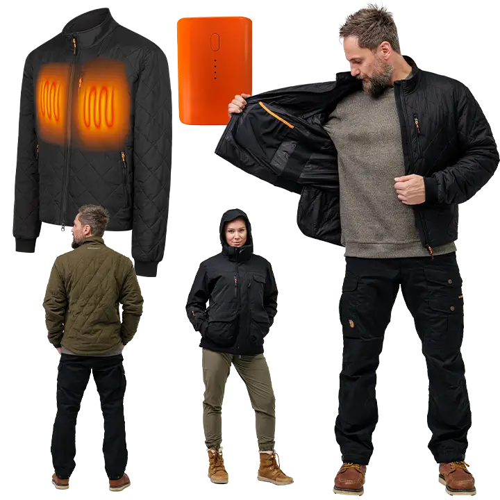 Man wearing heated jacket opens to show inside; small orange battery is seen. Woman and man wearing heated clothing standing casually. Jacket with visible heating elements is shown.