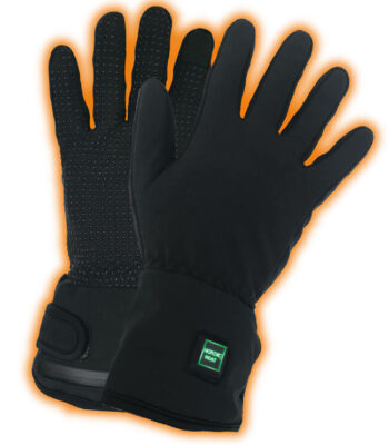 Black, heated gloves with adjustable Velcro straps. "NORDIC HEAT" visible on a tag. The gloves are illuminated with an orange glow that emphasizes their heating function.