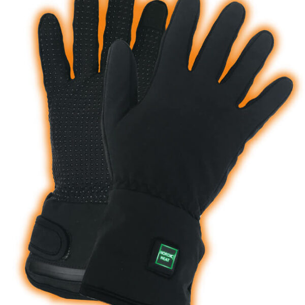 Black, heated gloves with adjustable Velcro straps. "NORDIC HEAT" visible on a tag. The gloves are illuminated with an orange glow that emphasizes their heating function.