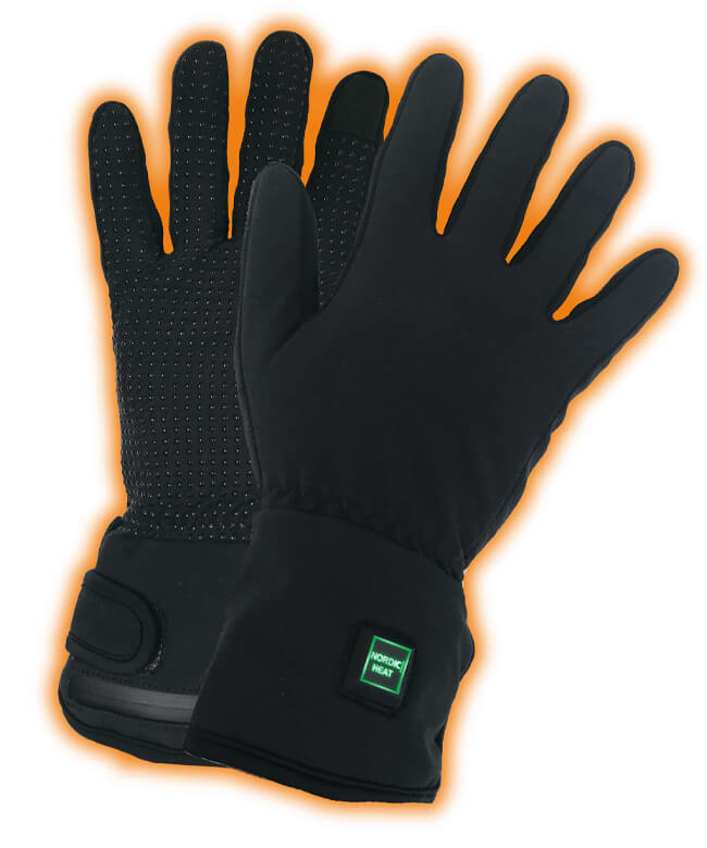 Black, heated gloves with adjustable Velcro straps. "NORDIC HEAT" visible on a tag. The gloves are illuminated with an orange glow that emphasizes their heating function.