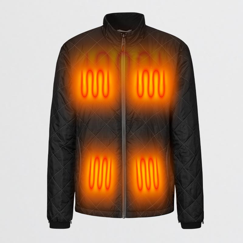 Black quilted jacket with built-in heating zones, visibly marked with orange luminous patterns, indicating heated areas for comfort in cold weather.