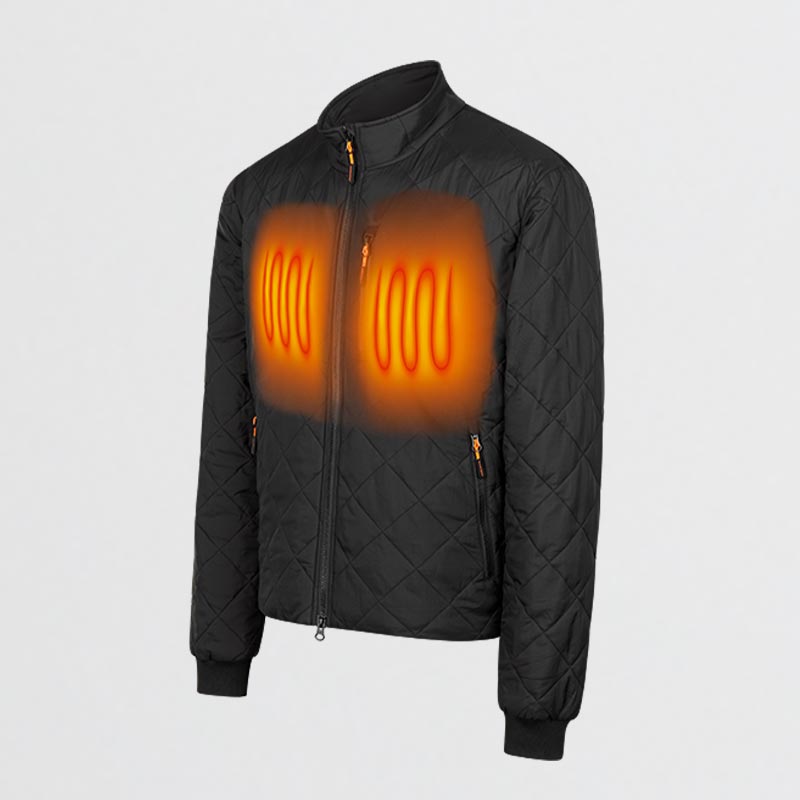 NordicHeat heating jacket with built-in heating elements in the chest area, illustrated by bright orange spirals, suitable for keeping the user warm in cold environments.