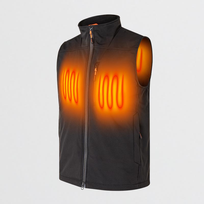 NordicHeat heating vest with visual heating elements on the chest and back. The vest is black and designed to provide warmth in cold weather.