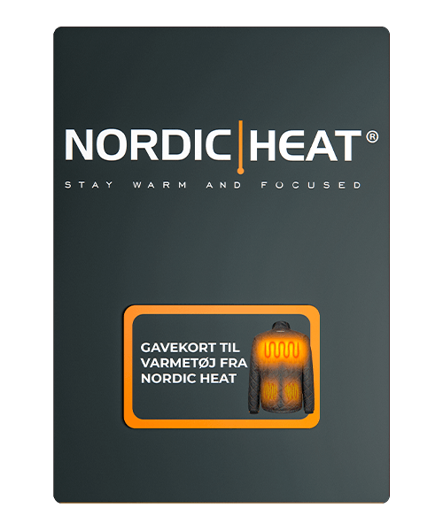 Gift card with the text "GIFT CARD FOR NORDIC HEAT WARMWEAR" and an illustration of warm clothing on a dark background.