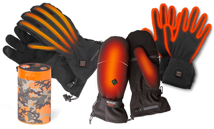 NordicHeat thermal clothing includes heated gloves and mittens in black with visible heating zones and a thermo-insulated battery pack in camouflage colors. The text "NORDIC PLAY" is displayed on the mittens.