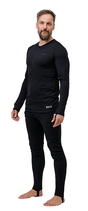 A man wearing black NordicHeat thermal clothing stands upright against a neutral background, showing the fit of the clothing.