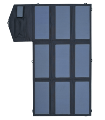 A solar charger with several panels folded out. At the top left is a small pocket, possibly for storing charging units.