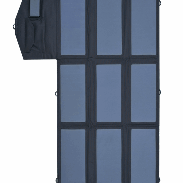 A solar charger with several panels folded out. At the top left is a small pocket, possibly for storing charging units.