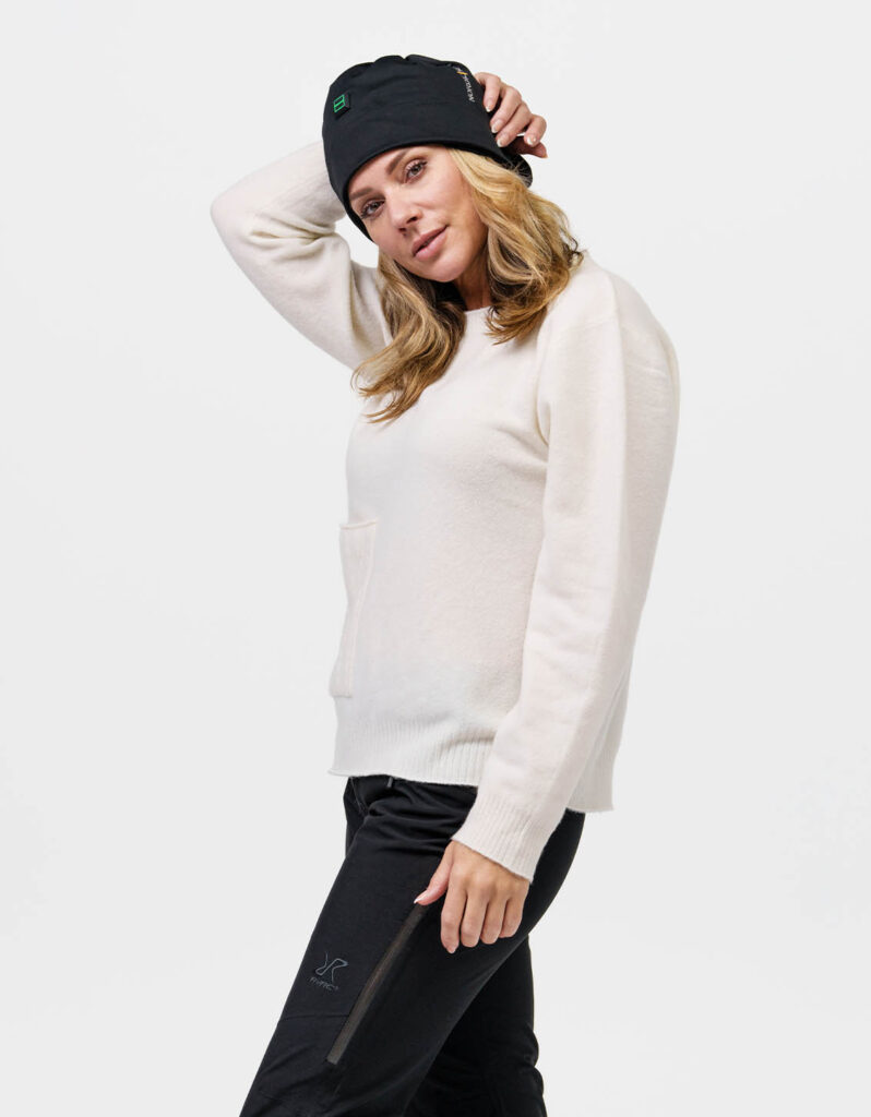 Person wearing warm hat and sporty clothing with "NordicHeat" and "Active" visible. The design is suitable for an active lifestyle in cold climates.