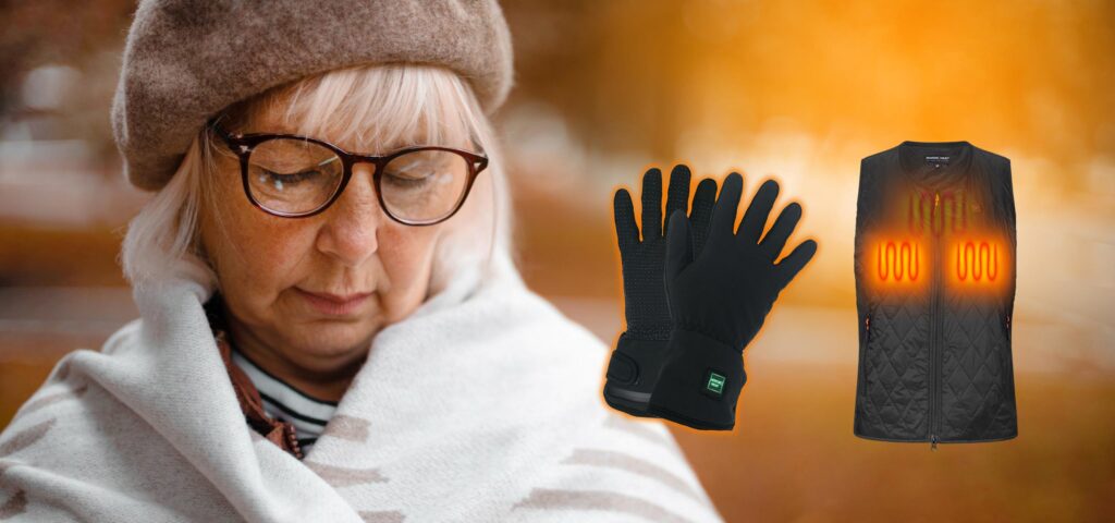 Female wearing warm clothing enjoying the outdoors; associated images show NordicHeat heated gloves and vest, suitable for active lifestyle in cold weather. Text: "NORDIC HEAT."