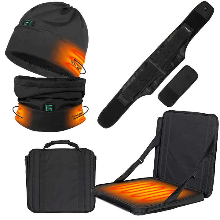 Warm clothing in black fabric, including cap, neck warmer, back belt and foldable seat, with heated areas marked in orange. Visible text: "Heat 38°". Suitable for outdoor use.