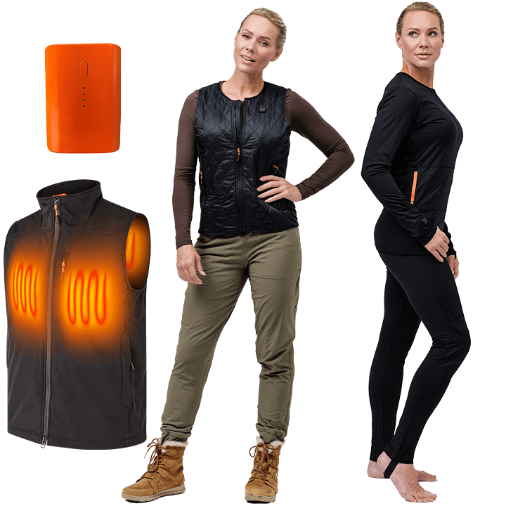 A heat pack, a heated vest with glowing elements and a woman dressed in thermal clothing in different poses. The vest and pants have distinctive orange details.