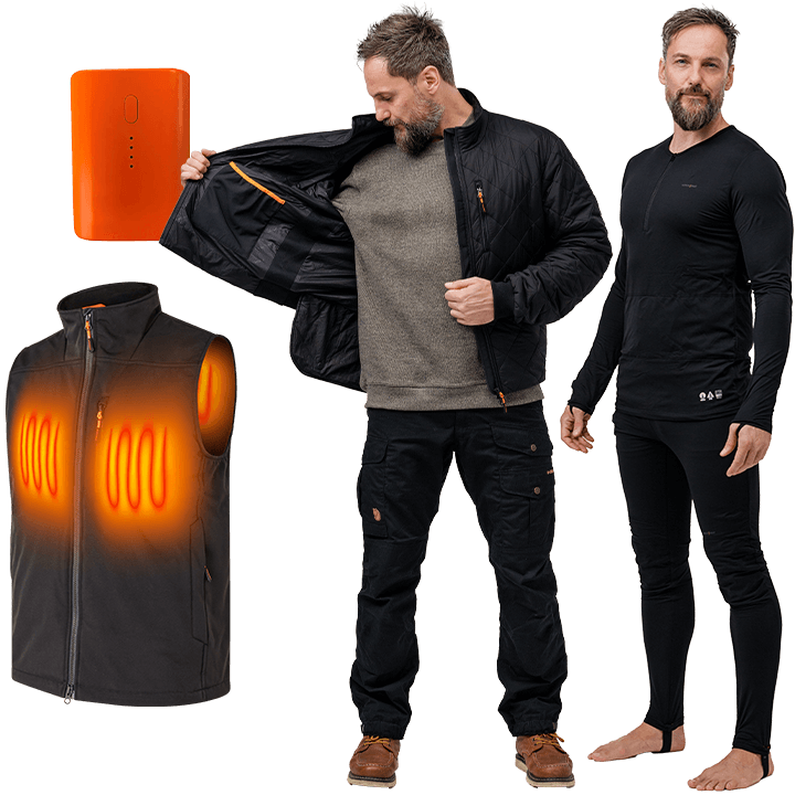 Two men in thermal clothing, an open thermal jacket, undershirt and pants. A heated vest with visible heating elements and an orange power bank appears next to it.