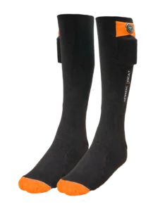 Black socks with orange details and built-in heating element, labeled "NORDIC HEAT" on the side and power switch visible at the top. Designed for outdoor use in cold weather.