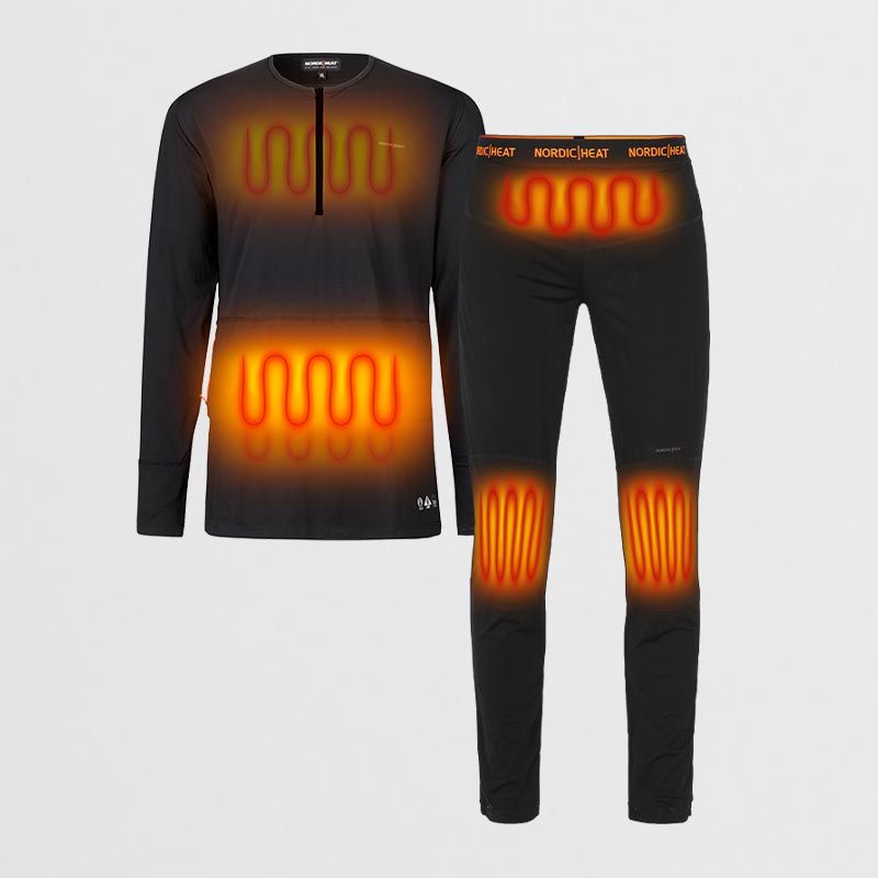 NordicHeat thermal clothing with indicated heat zones on a long-sleeved shirt and pants that highlight heated areas that create warmth on the body in cold weather.